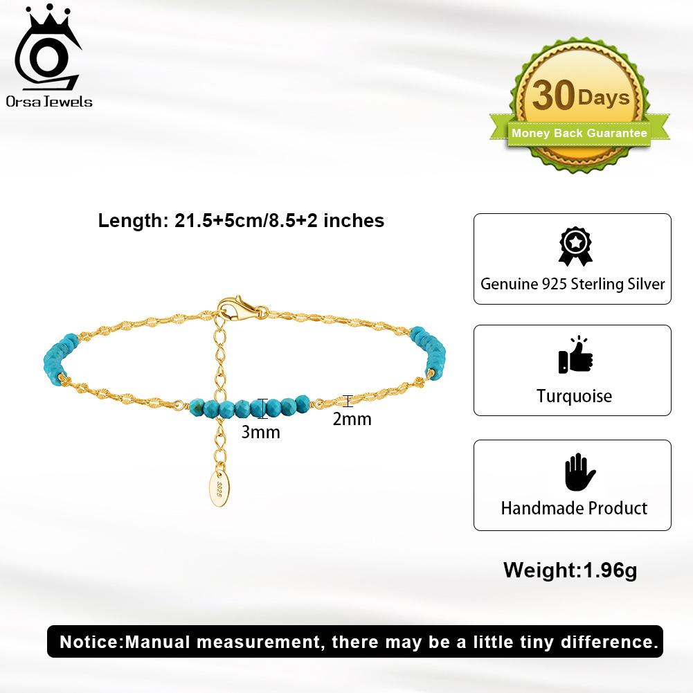 ORSA JEWELS Fashion 3mm Turquoise Gemstone Beads 925 Sterling Silver Butterfly Chain Anklet for Women Summer Beach Jewelry SA85