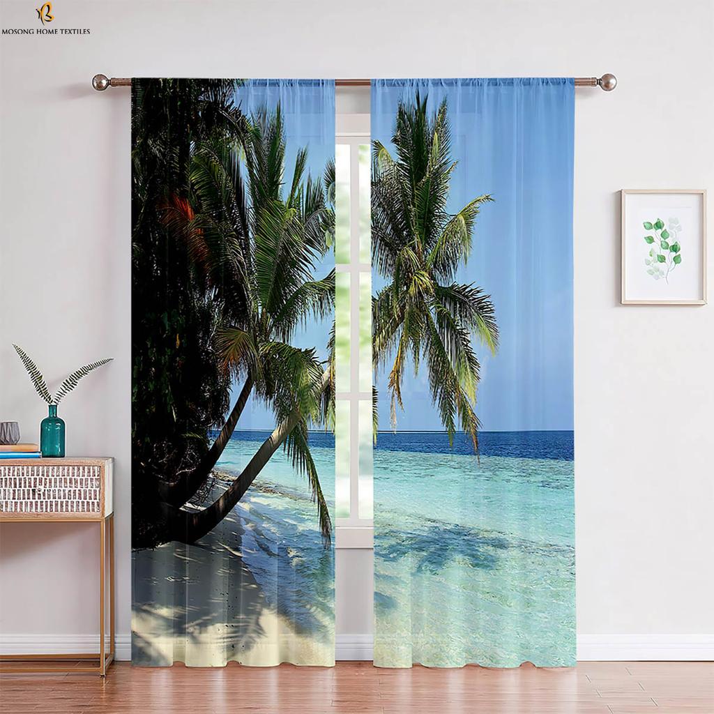 Set Of 2 Window Curtains Seaside Scenery Coconut Tree Printing Bedroom Living Room Kitchen Decorative Curtain Polyester Perfect For Sitting