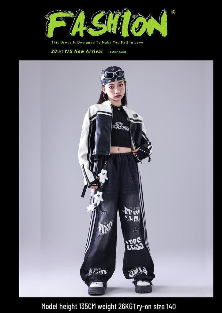 Neujahr Kinder Hip Hop Tanz Outfit - Amerikanische Trendige Lederjacke & Performance Set