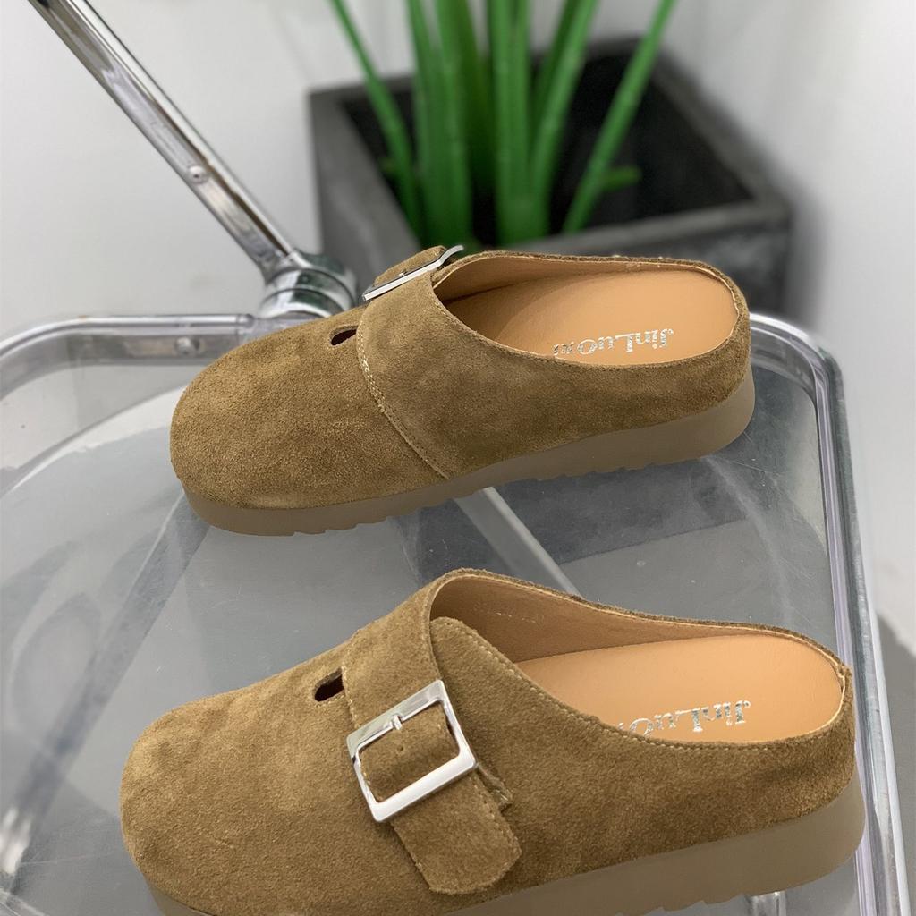Thick-soled baotou half-towed women wear new muffin versatile in spring and autumn 2025, lazy without heel, little white shoes women