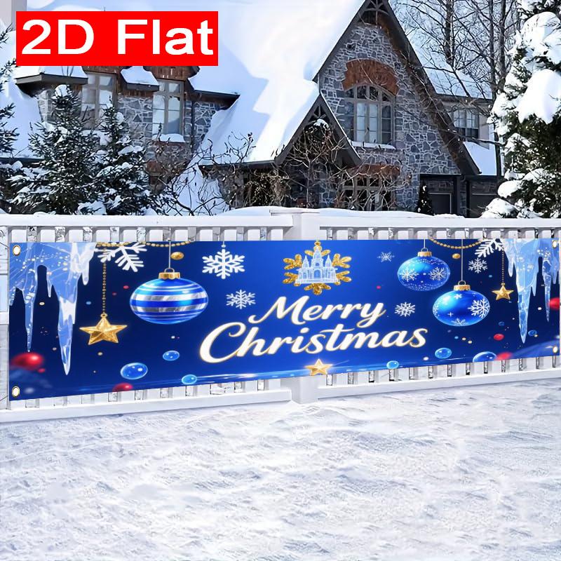 Blue Silvery Christmas Yard Banner, Merry Christmas Xmas Text Design, Polyester Outdoor Porch Fence Wall New Year Party Supplies