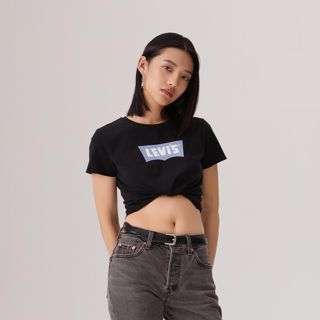 Levis Casual Versatile Slim Fit Logo Print Ribbed Round Neck Short Sleeve T-Shirt Women T-Shirts Black 003SN-0001