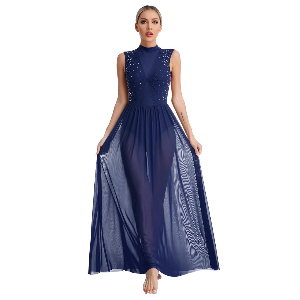 Womens Shiny Rhinestone Lyrical Dance Dress Mock Neck Sleeveless Open Back Twist Front Sheer Mesh Overlay Leotard