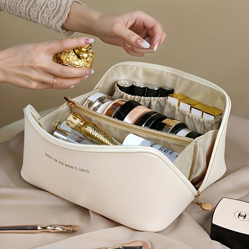 1pc Travel Makeup Bag - 3-Layer PU Cosmetic Organizer,Beige/Gold for Brushes & Skincare, Holiday Gift for Christmas/Thanksgiving