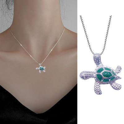 Blue Sea Turtle Pendant Necklace Shiny Rhinestones Health Longevity Necklace Valentine Day Jewelry Gift