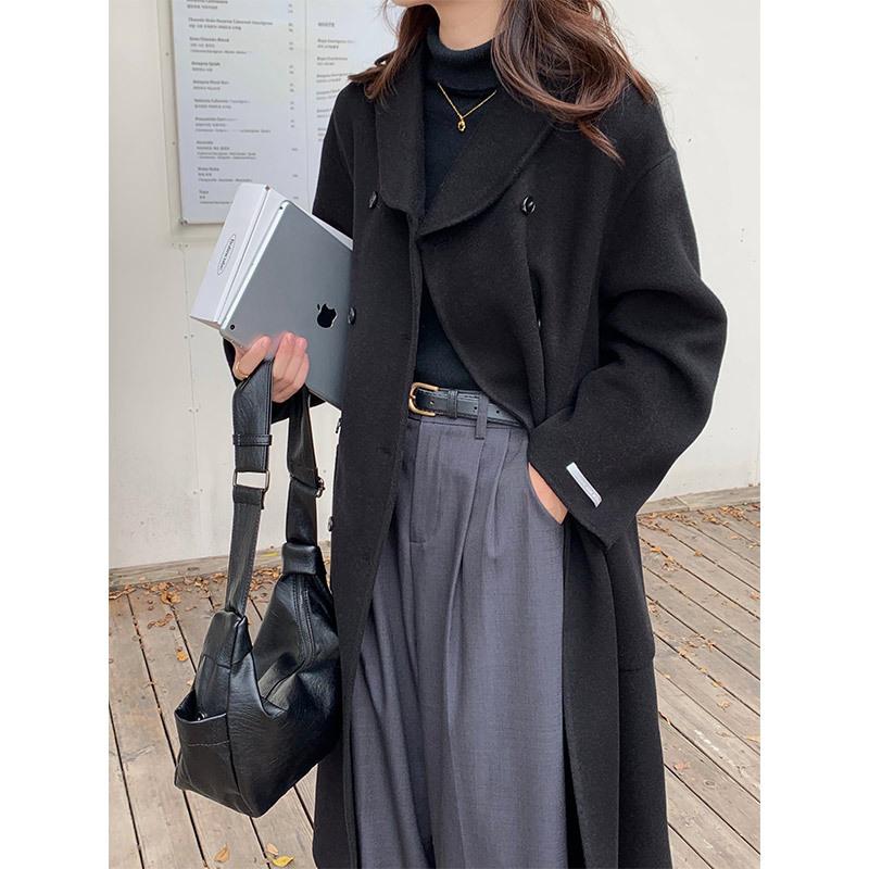 Wind cute small lapel double-breasted coat commuter versatile double-sided hand-sewn cashmere coat women