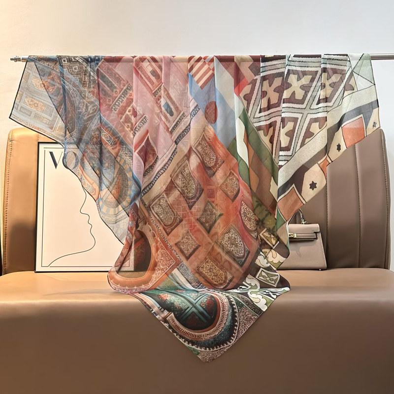 French retro ethnic style 111 imitation silk scarf large square scarf with shawl beach towel for women in spring and autumn
