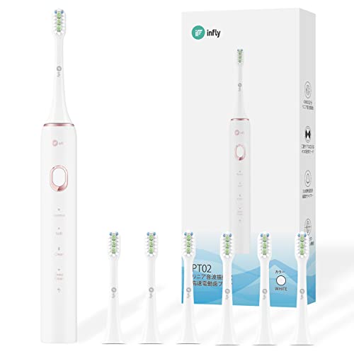 

infly PT02 Electric Toothbrush, 6 Replacement Brushes, Sonic, with Caps, 4 Modes, Quiet, Waterproof, IPX7, DuPont Brushes, Soft Brushes, Timer Functio