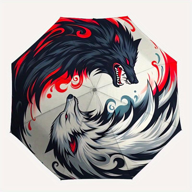 

1pc Wolf YinYang Automatic Open/close Umbrella, 8-Rib sturdy structure, Portable Travel Umbrella, Parties, Everyday Use, Outdoor Accessory,