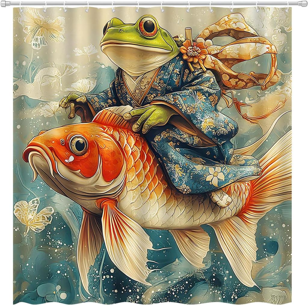 Lustiger Frosch Duschvorhang Japanischer Karpfen Fisch Tier Blume Vintage Wellen Asiatisch Mythisch Rustikal Floral Fantasie Märchen Abstrakt