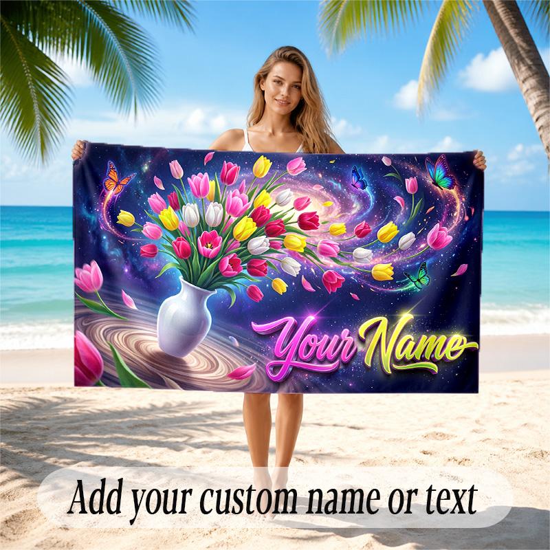 Astronaut Space Theme Quick Dry Beach Towel Custom Name Text Print Large Sand Resistant Towel Beach Vacation