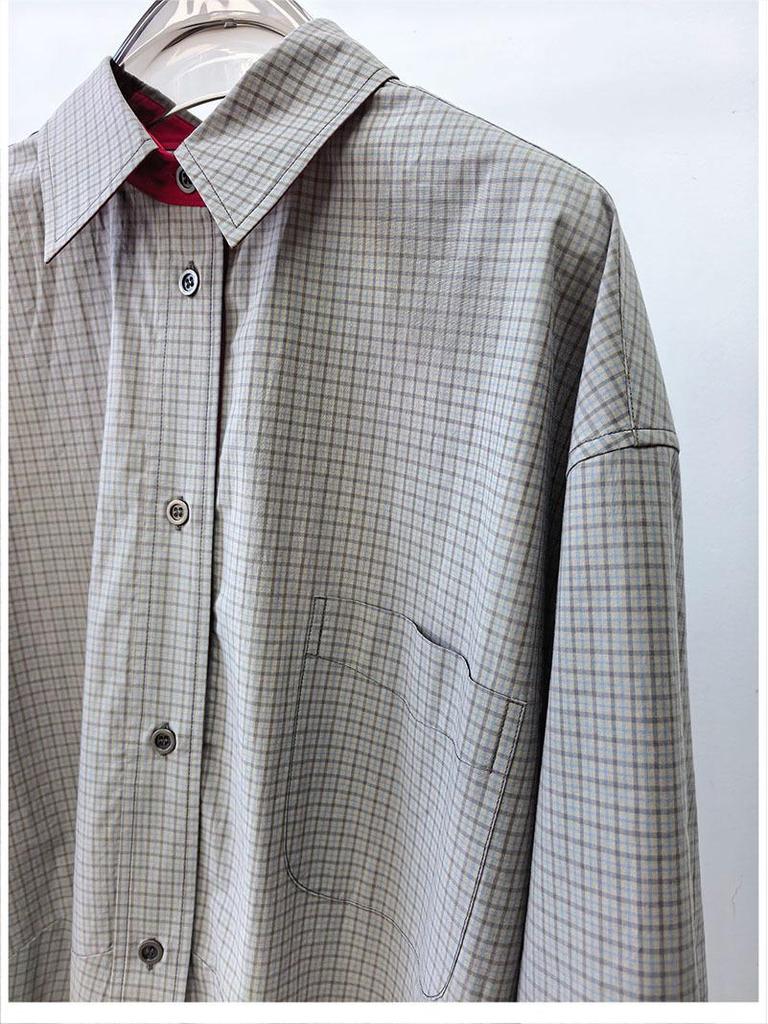 Damen Frühjahr Karoshemd - Kontrastfarben, POLO-Kragen, Mittellang, Übergroße Baumwollsilhouette