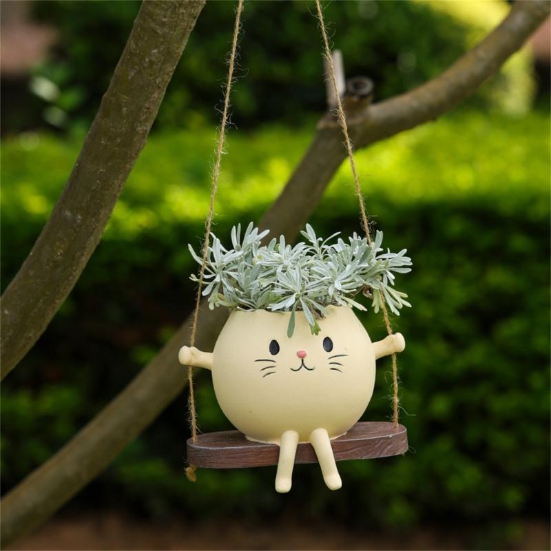 Playful Feline Shape Planter With Rocking Chair Design Lightweight Resin Flower Pot Decoration Fit for Home Balcony Desk
