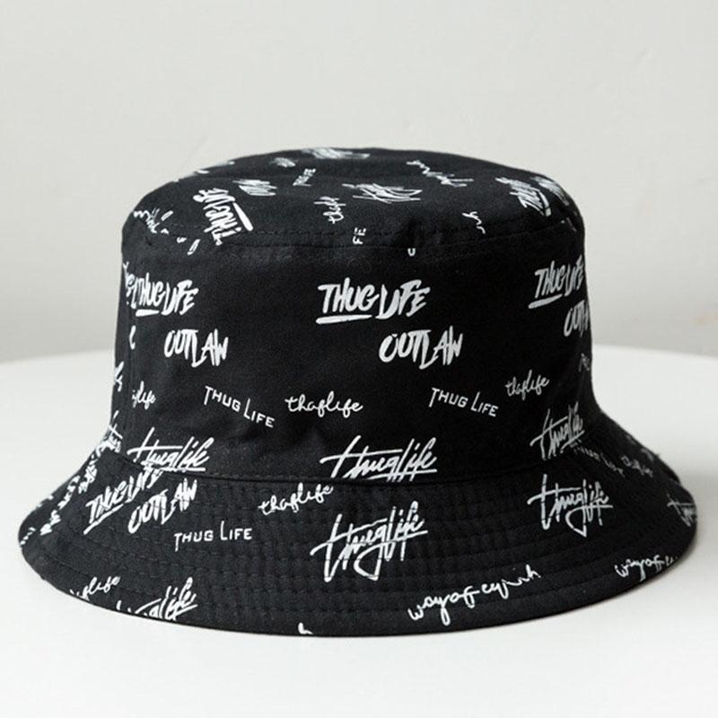 Neuer beidseitig tragbarer Bucket Hat für Herren und Damen, japanische Graffiti-Buchstaben, Outdoor-Sonnenhüte, Unisex, breite Krempe, faltbare Fischerhüte