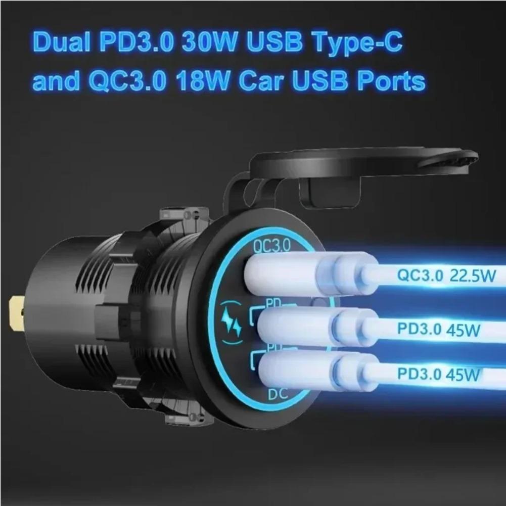 Dual PD & QC 3.0 3-Ports Quick Charge 112W Aperture Car Fast Charger Outlet Socket For 12V 24V Motorcycle Boat Marine Truck ATV