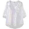 Blusas Bordadas 100% Algodón Camisa de Mujer Manga Media Hueca Top de Verano Cuello Redondo Holgada Casual Botones Blanca Camisa Femenina