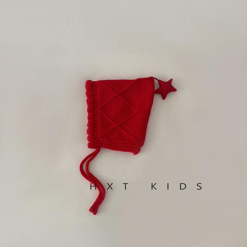 

Baby knit hat autumn and winter red christmas pointy lace-up ear hat baby ear hat