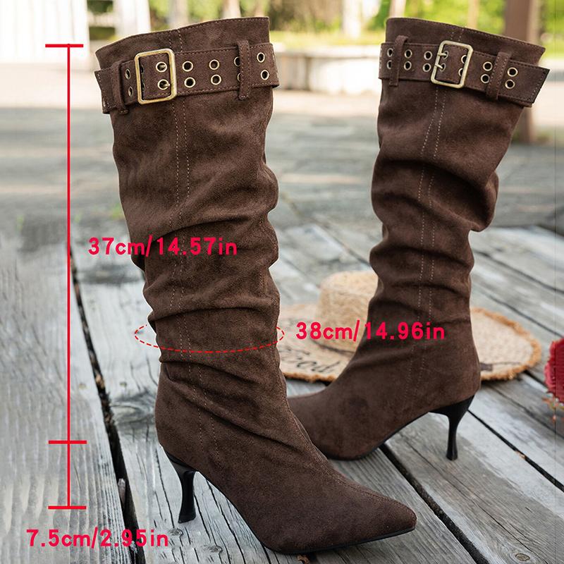 Fashion Buckle Strap High Heel Long Boots for Women Fashion Pointed Toe Stiletto Heeled Party Shoes Women Pleated Design Knee High Boots