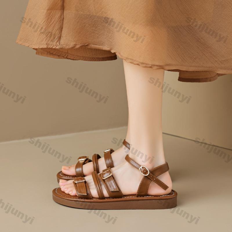 Sandales Vintage pour Femmes 2026 Nouvelles d'Été Extérieur Antidérapantes Plates Décontractées Mode Boucle Sangle Légères Confortables Chaussures Romaines