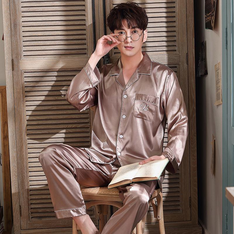 

Spring Korean-Style Silk Pajama Set: Women s Imitation Silk & Men s Thin Long Sleeve Home Wear XXXL
