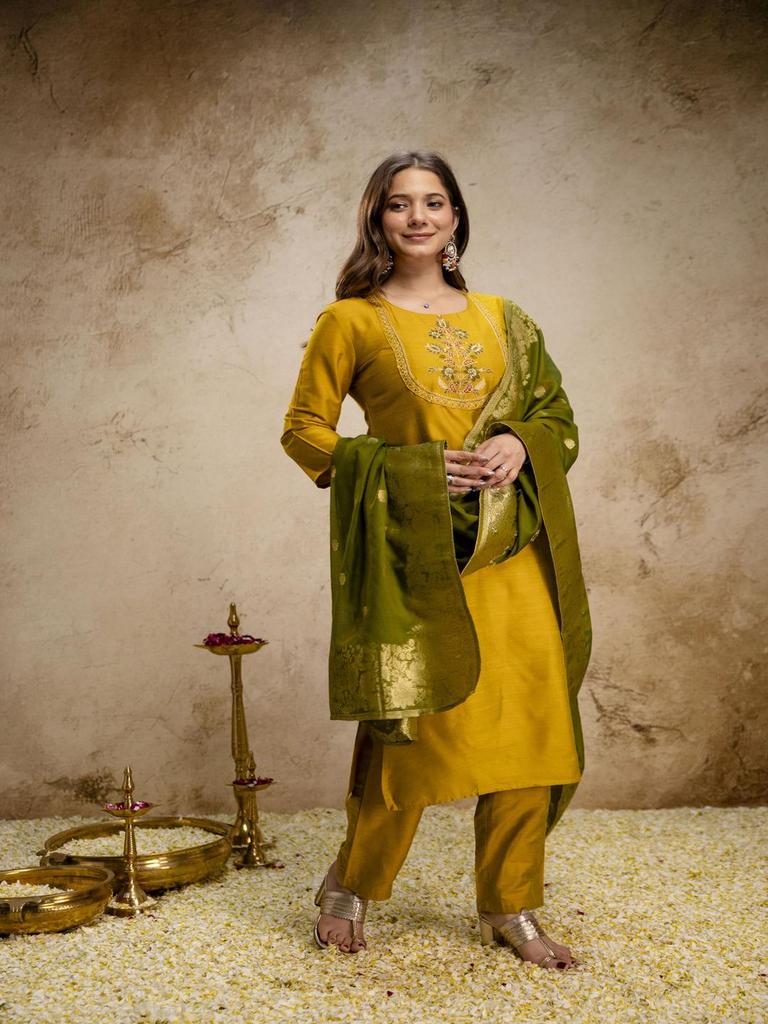 Women Mustard Kurta Set with Banarasi Dupatta Embroidered Ethnic Festive Wear