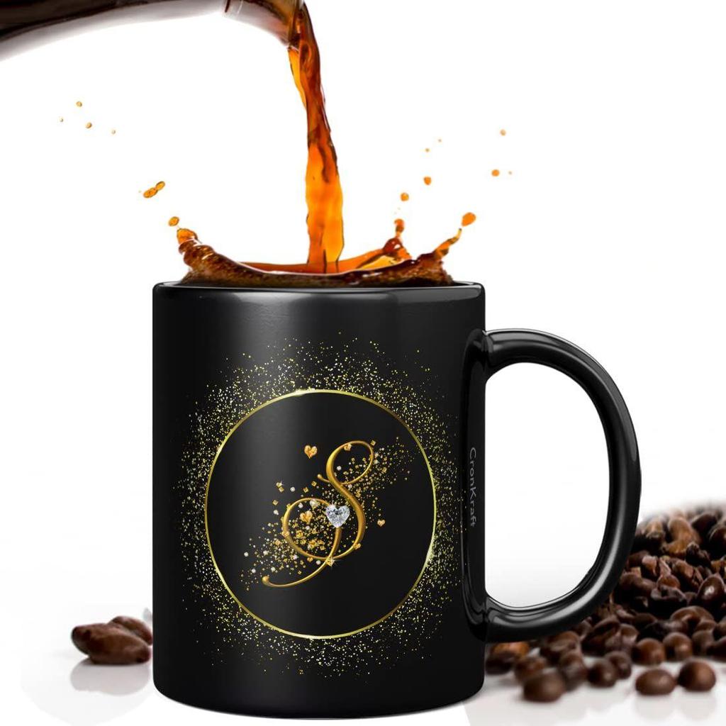 Ceramic Golden Frame With S Alphabet Letter Printed Mug + Keychain,Gift For Love,Birthday,Wife, Husband,  (S Alphabet), 300 ML
