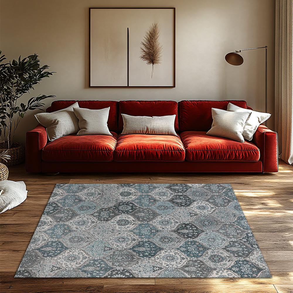 Bohemian Blue White Area Rug, Non-Slip Vintage Persian Pattern Living Room Carpet, Washable Low Pile for Bedroom Hallway Decor