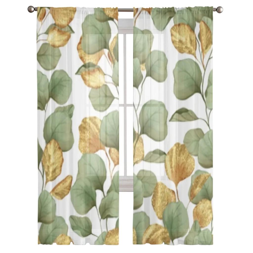 Green And Gold Leaves Sheer Curtains For Living Room Window Transparent Voile Tulle Curtain Bedroom Drapes Home Decor
