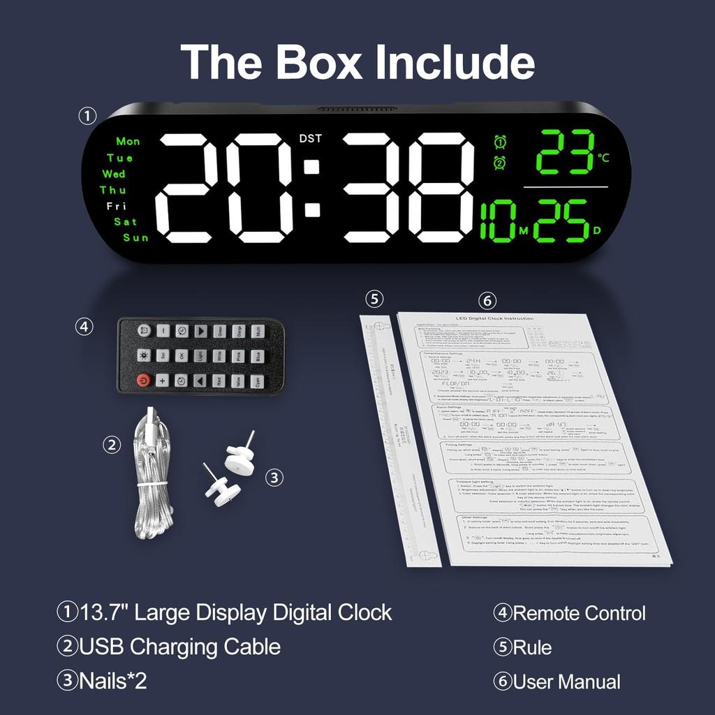 13.7" Digital Wall Clock Large Display with Remote Control,Dual Alarm,Auto-Dimming,Big Digits,Auto DST Clock for Bedroom Living Room Decor with 9
