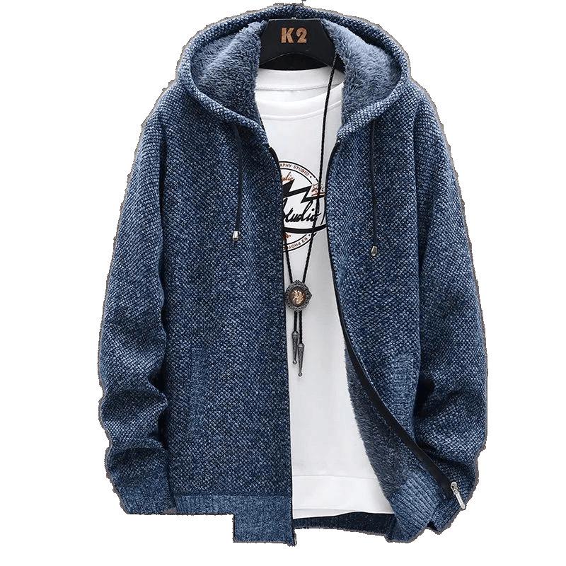 Men's Fleece-Lined Hooded Jacket: Autumn & Winter Warm Knit Cardigan, Loose Fit, Plus Size Sweater