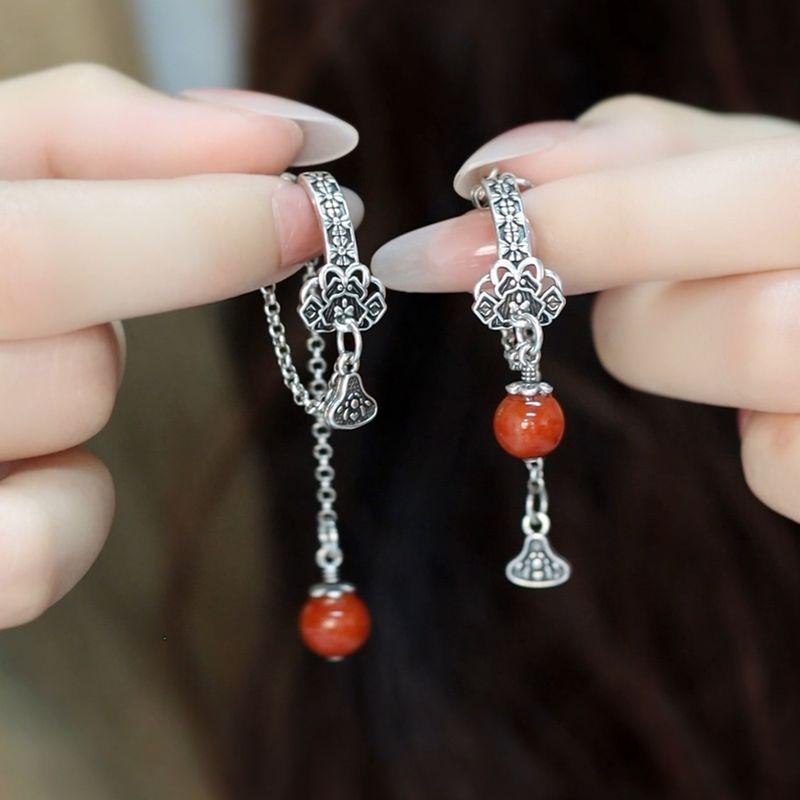 

925 Silver Ethnic Style Retro Distressed Ruyi Tassel Long Earrings Female Special-Interest Design Fancy Easiest for Match Ear Studs Retro Ruyi tassel earrings (gift box)