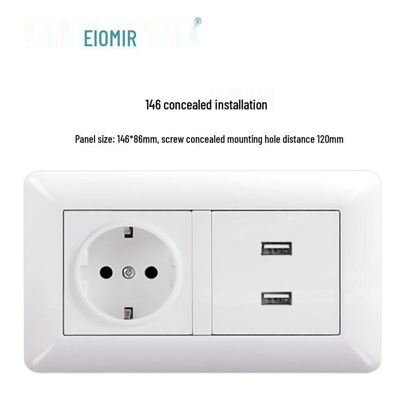 Curved White European Standard Socket Panel with Double USB & Type C, German Switch, Concealed Installation