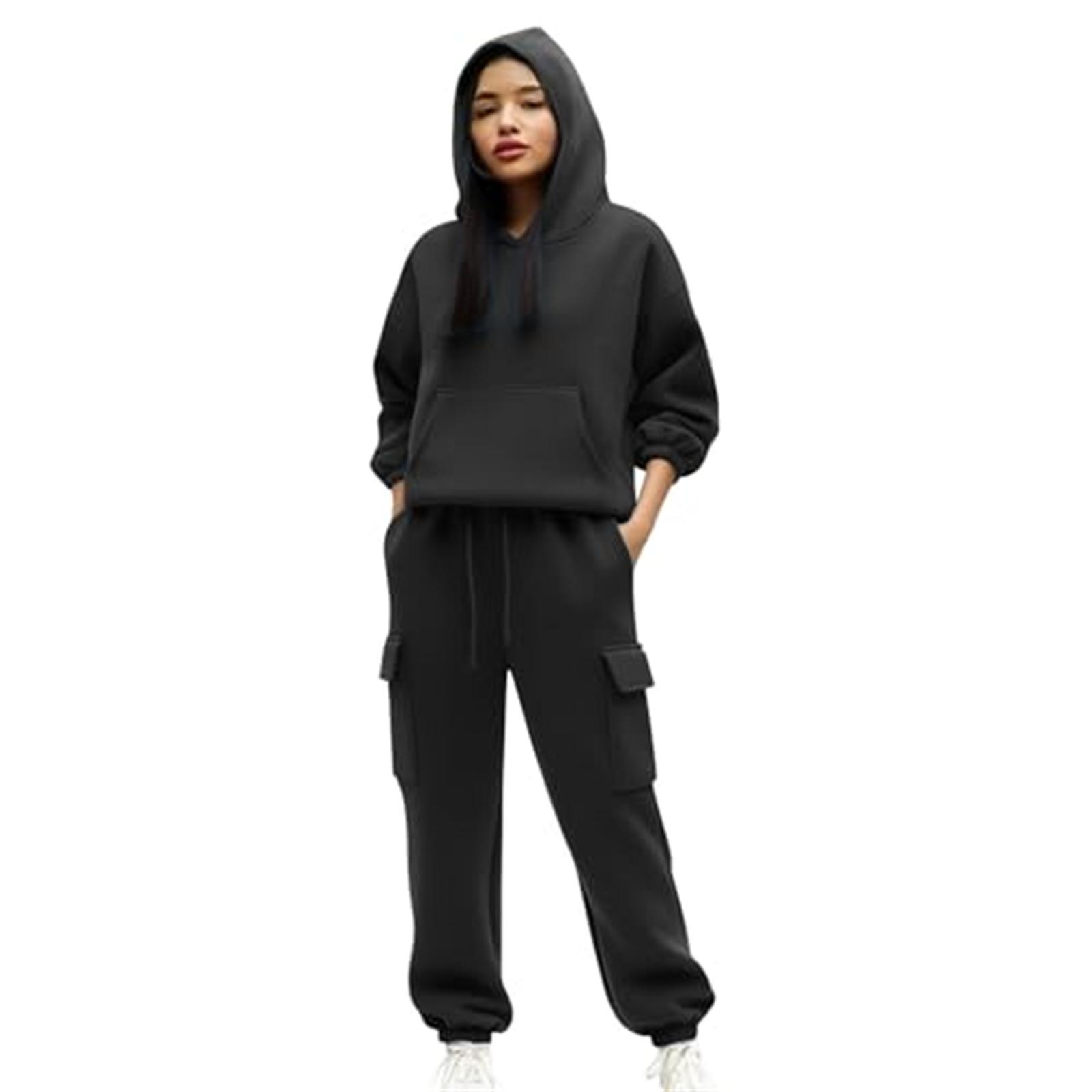 

Women s Fashion -Color Hoodie Set Long-Sleeve Hooded Sweatshirt + -Color Sweatpants With Belted Pockets L чёрный