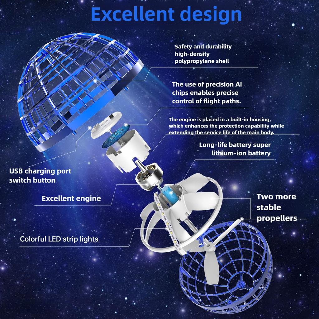 Flying ball, floating ball, manually controlled mini drone, RGB light-emitting magic boomerang ball, birthday gift, Christmas stocking filler