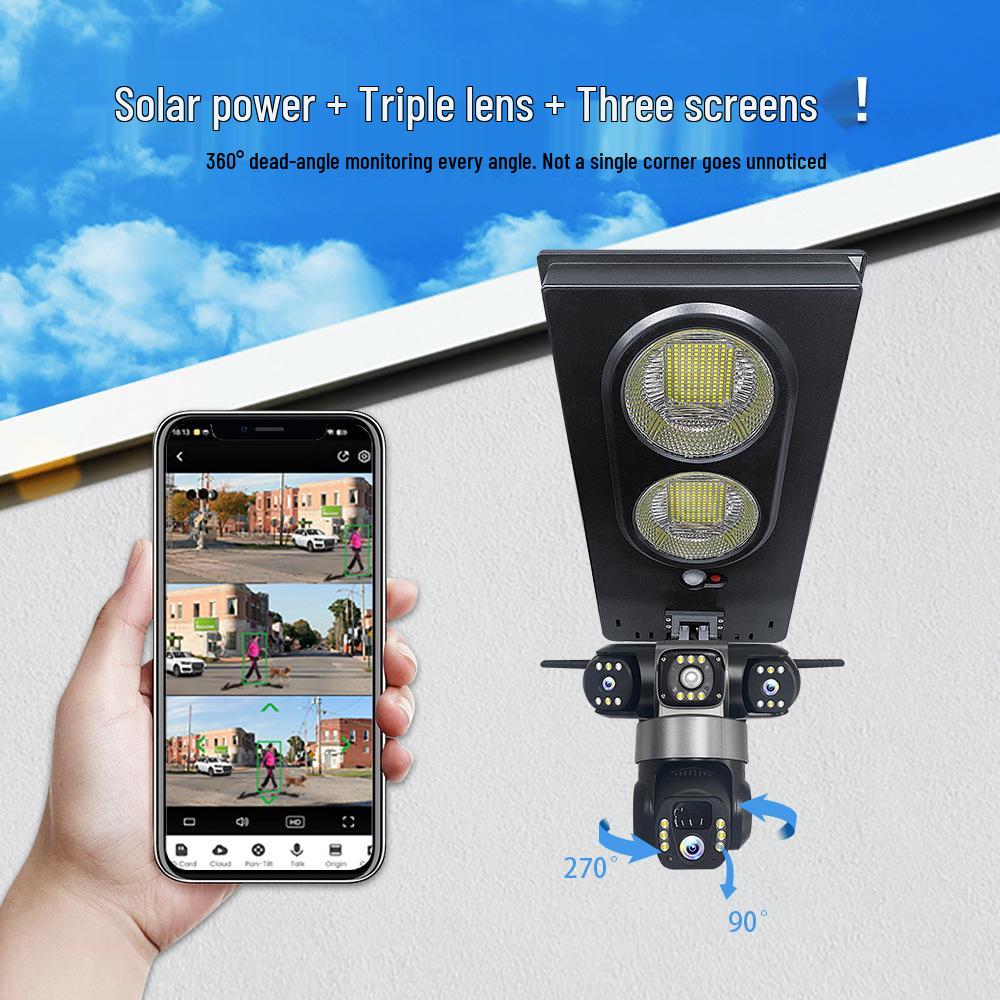 V380 Three-Screen Solar-Powered Smart Outdoor Camera with Remote-Controlled Street Light