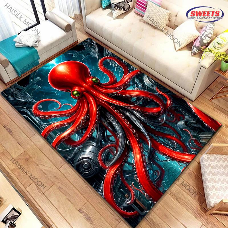 Dywan z nadrukiem o tematyce ośmiornicy olbrzymiej Nowość! Wytrzymałe do salonów, sypialni, biur, trwałe maty do prania w pralce