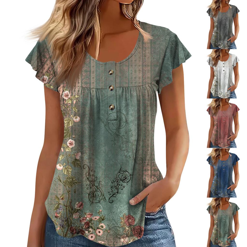 Women's Short Sleeve Tunic Loose Tops Casual Plus Size Tops Pleated Tunic Button Down Casual Summer Spring T-Shirts Tops For Women