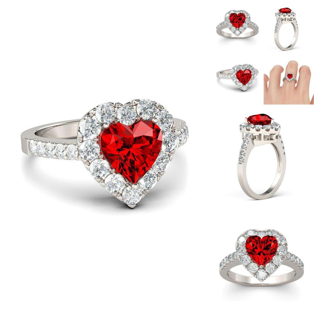 Elegant Silver Plated Ring With Red Ruby Gemstone Rhinestone For Proposal Gift