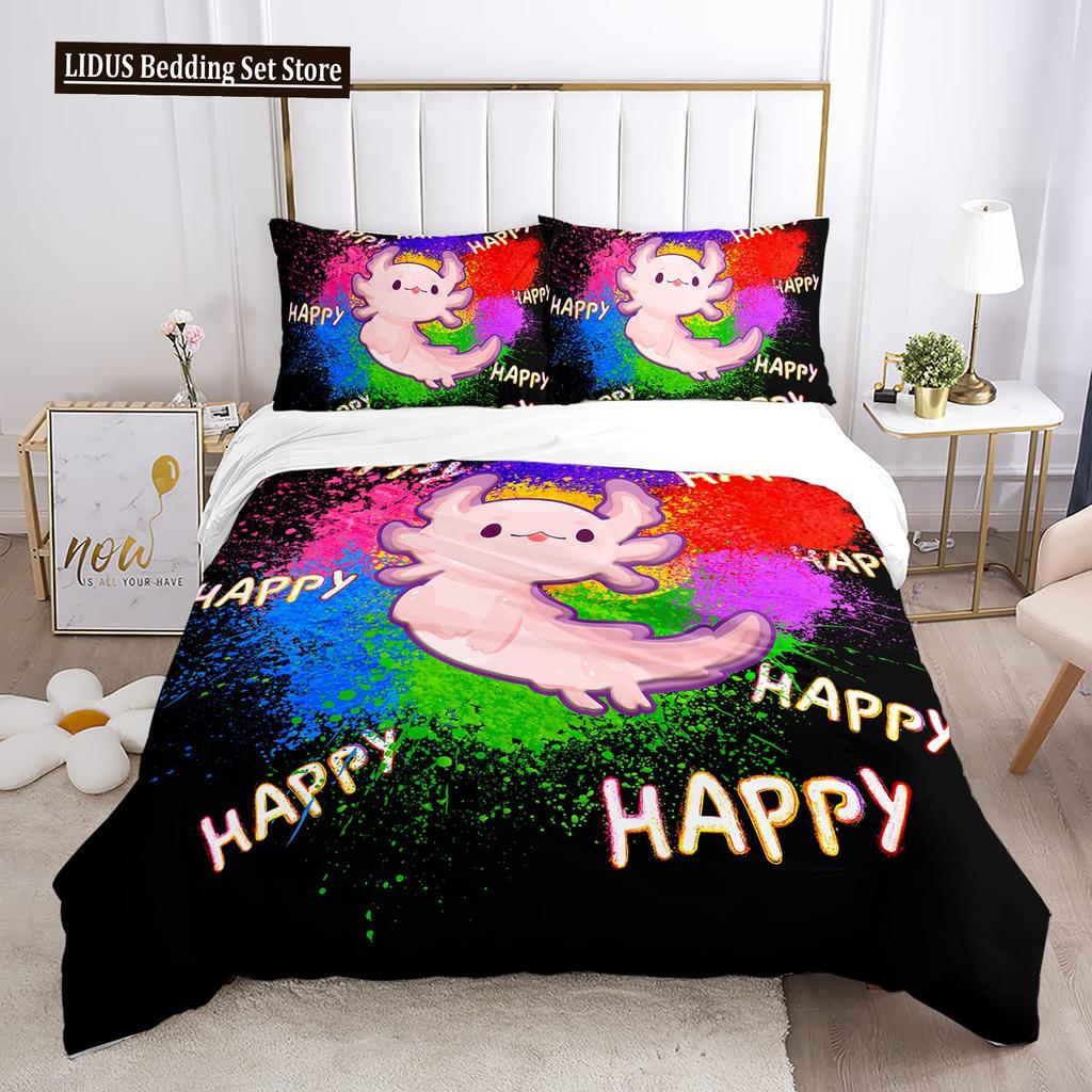 Cute Axolotl Duvet Cover Set Full Size Cartoon Salamander Bedding Set Kawaii Animals Comforter Cover Constellation Black Decor