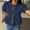 ZANZEA Women Summer Round Neck Bubble Short Sleeve Lace Blouses