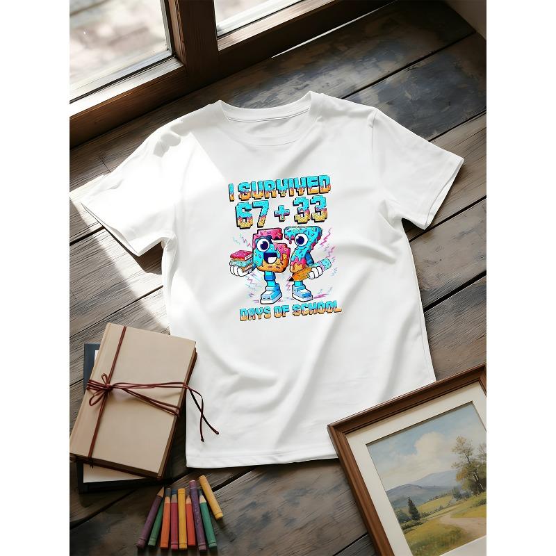 Kids Crewneck Short Sleeve T-Shirt, Colorful Number 67 Cartoon Print 110 белый