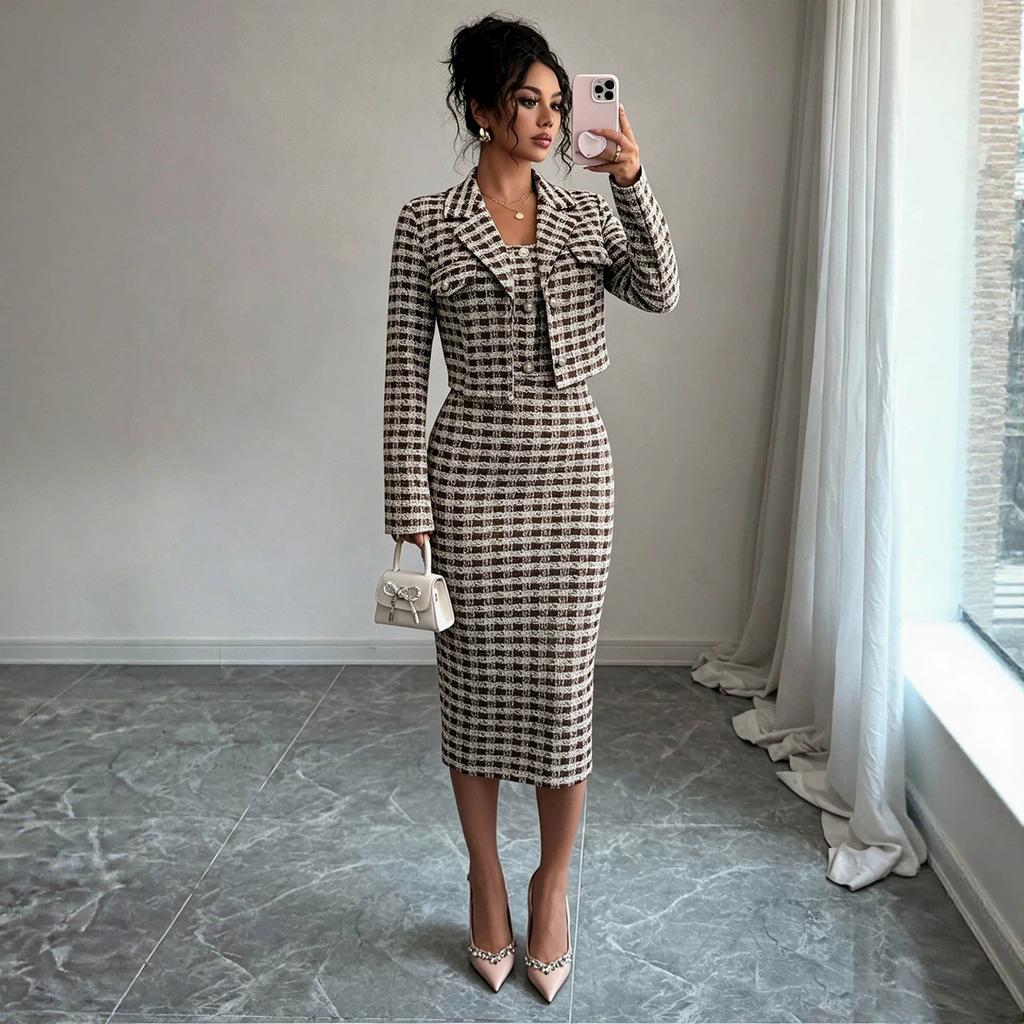European and American Light Luxury Commuter Rough Flower Suit Long-sleeved Lapel Short Jacket with Slim Suspenders and Thin Skirt