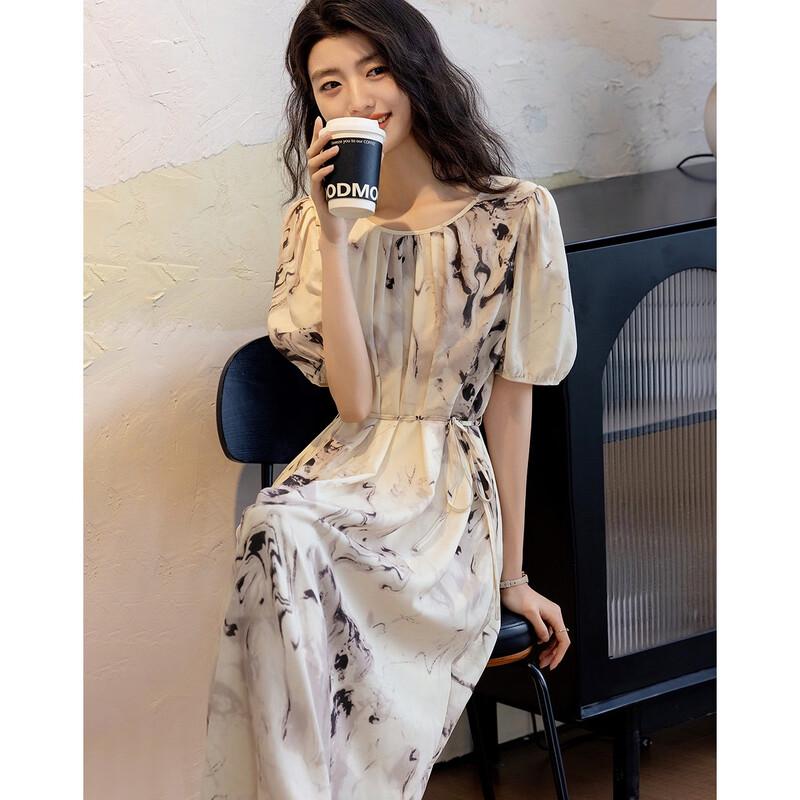 Demana New Chinese Style Printed Puff Sleeve Midi Dress