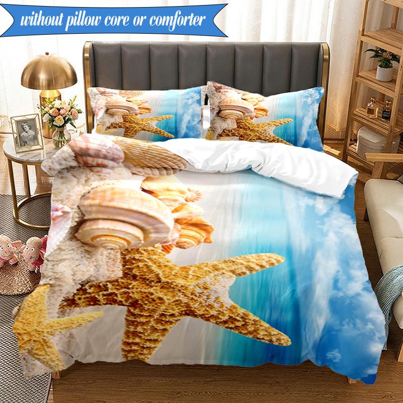 3PCS Ocean Starfish Shells Bedding Set,Including 1pc Duvet Cover And 2pcs Pillowcases Perfect for Bedroom, Dormitory, Fan Christmas gift