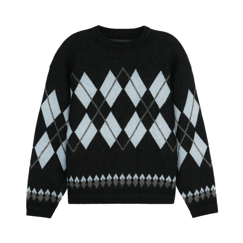 Bodydream Nordic Fair Isle Sweater for Men, Diamond Pattern Knitwear, Color-Blocked Knit Top/Round Neck Wave Craft