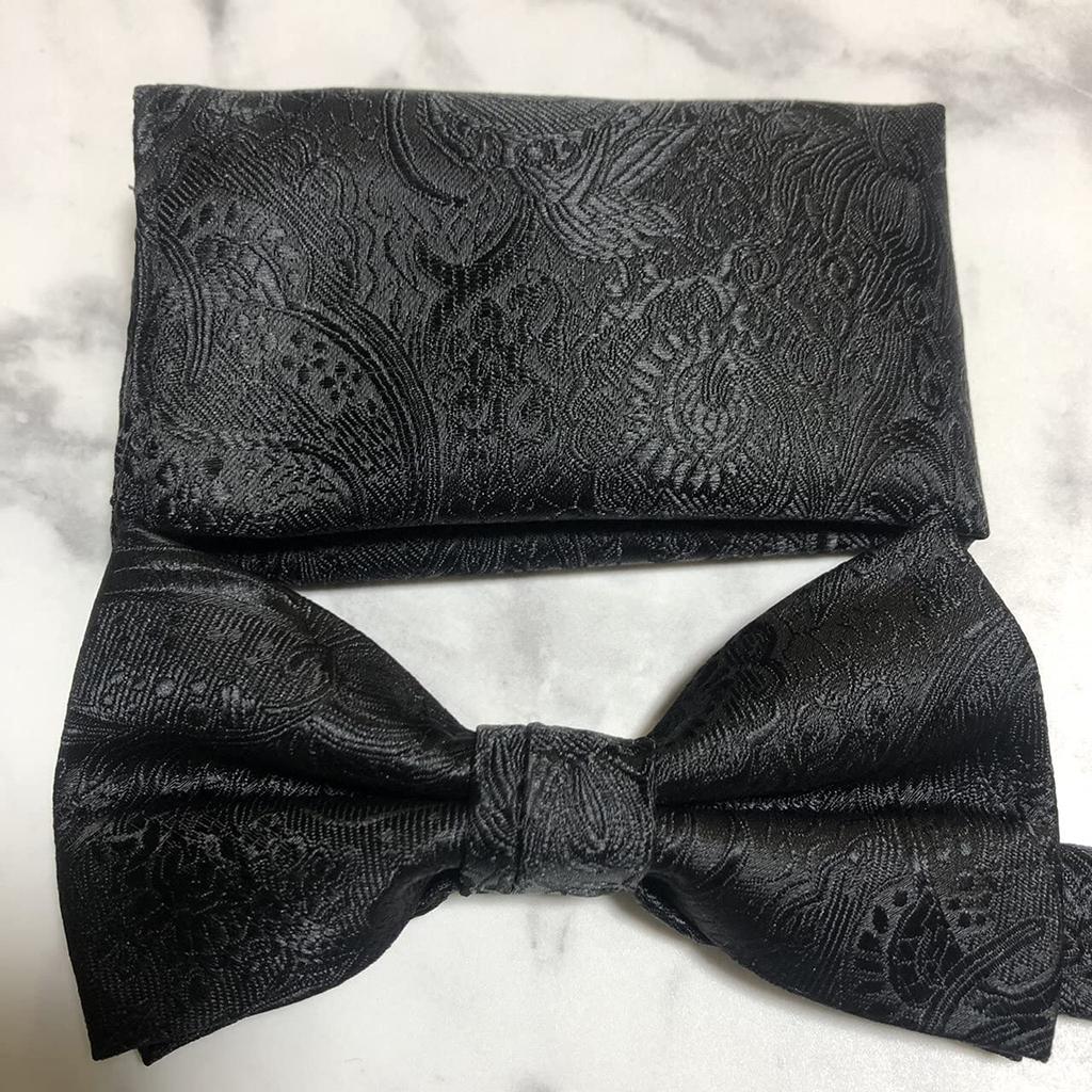 Black Paisley [Bow Tie & Pocket Square] 2-Piece Set for Men - One-Touch Closure - Casual & Formal - Black