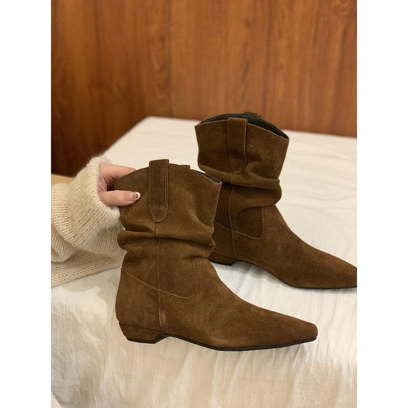 Cowhide Version! Retro Low-heeled Pointed Western Cowboy Pile Boots Women's Autumn and Winter New Martin Boots Versatile Thin Boots