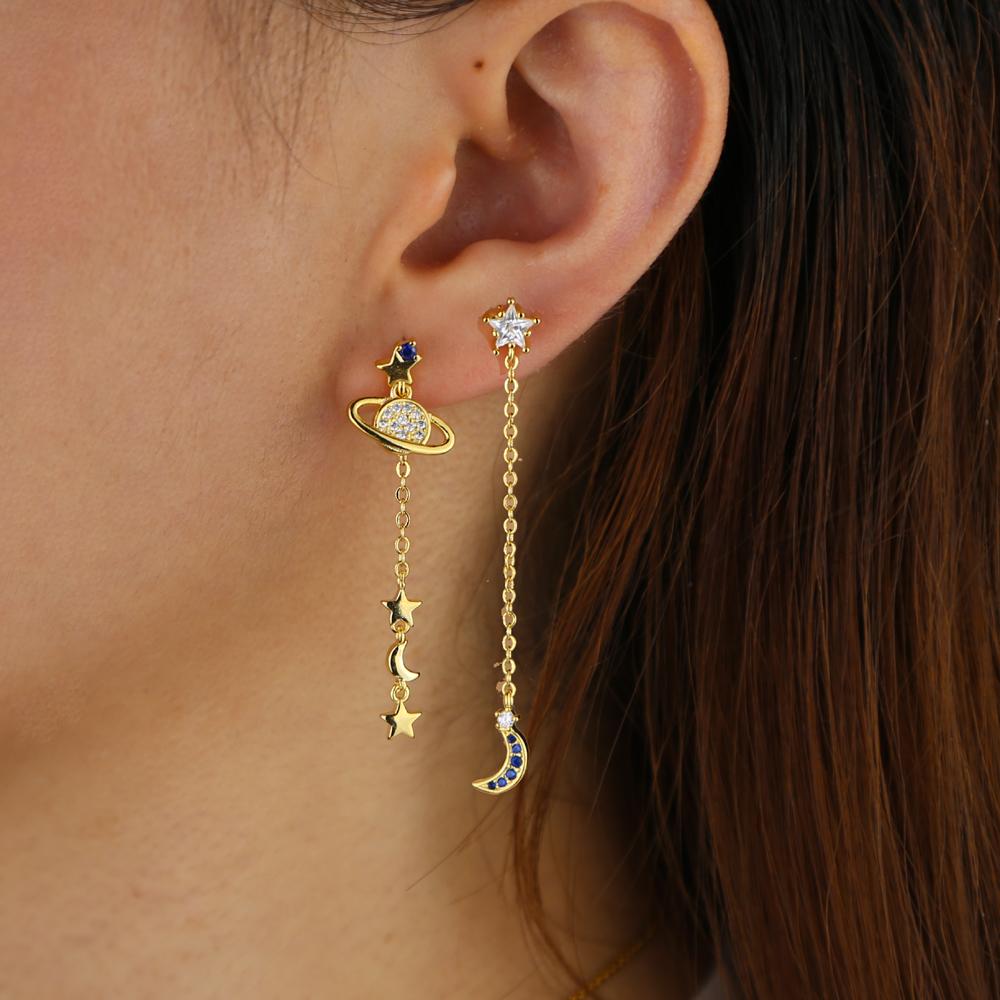 Promotion Chic Christmas Gift Fashion Women Jewelry Tassel Chain Dangle Moon Star CZ Drop Earring
