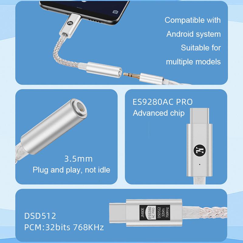 JCALLY Type-C To 3.5mm DAC For Android ES9280AC PRO Digital Audio Cable TypeC To 3.5 Earphone Amplifier 32bit/768kHz Hifi DSD512