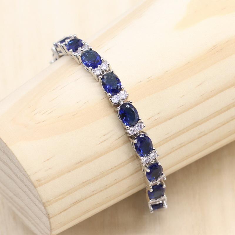 Royal Blue Semi-Precious Silver Color Jewelry Set for Women Includes Bracelet Earrings Ring Classic for Wedding Engagement